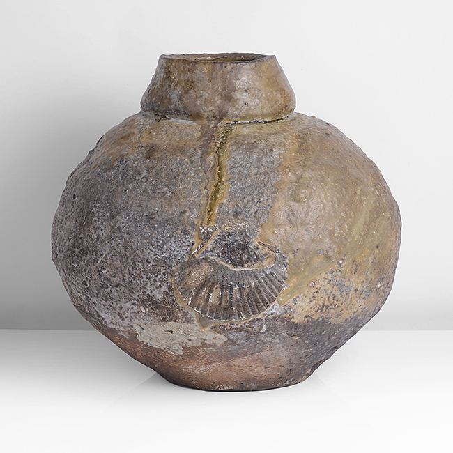 A green, brown and grey stoneware globular pot made by Charles Bound sold at auction by Maak Contemporary Ceramics